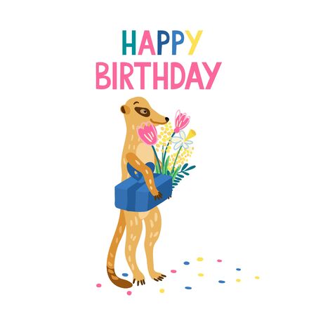 Happy birthday Colorful lettering with an adorable meerkat. He has a bouquet of flowers and a gift box. Hand drawn vector illustration isolated on white background. Greeting card.のイラスト素材