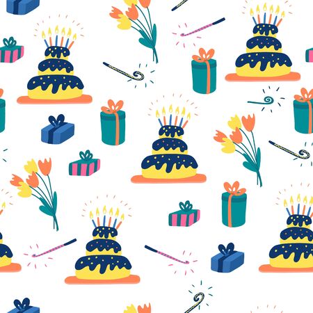 Seamless pattern with birthday cakes, shining candles, gift boxes, party blowers and bouquets of tulip flowers. Hand drawn vector illustration on white background.のイラスト素材