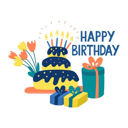 Birthday cake with shining candles. Gift boxes and bouquet of tulips flowers. Happy birthday hand drawn lettering. Vector illustration isolated on white background. Bright colors. Greeting card.のイラスト素材