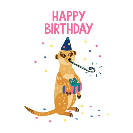 Happy birthday Lettering with an adorable meerkat blowing a party horn. He has a party hat and a gift box. Hand drawn vector illustration isolated on white background. Greeting card.のイラスト素材