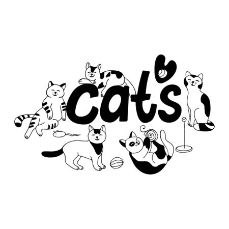 Cats. Lettering with cute cats and toys. Different poses and tempers. Hand drawn vector illustration in black ink on white background. Doodle style.のイラスト素材