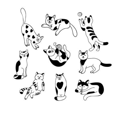 Set with cute cats isolated on white background. Different poses and tempers. Lazy, playful, affectionate, quiet, gentle. Hand drawn vector illustration in black ink on white background. Doodle styleのイラスト素材