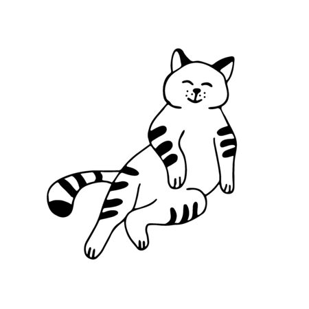 An adorable satisfied striped cat in doodle style. Hand drawn vector illustration in black ink on white background. Isolated picture for your design.のイラスト素材