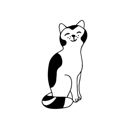 An adorable sitting cat in doodle style. It is black and white. Hand drawn vector illustration in black ink on white background. Isolated picture for your design.のイラスト素材