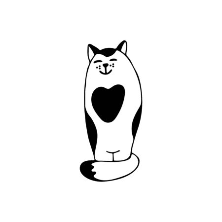 An adorable sitting cat in doodle style. It is black and white with a heart on chest. Hand drawn vector illustration in black ink on white background. Isolated picture for your design.のイラスト素材