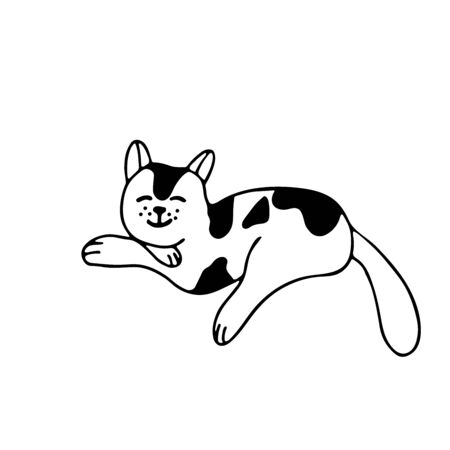 A very cute sleeping cat with in doodle style. It is black and white. Hand drawn vector illustration in black ink on white background. Isolated picture for your design.のイラスト素材