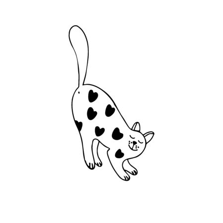 An adorable affectionate cat in doodle style, raised up tail. It's white with black hearts. Hand drawn vector illustration in black ink on white background. Isolated picture for your design.のイラスト素材