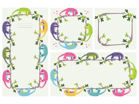 Set of nice frames with cute colorful geckos hanging on the branches. Hand drawn illustration isolated on light background.のイラスト素材