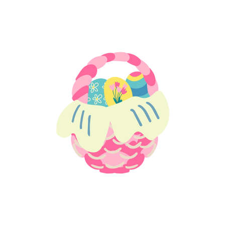 Hand drawn vector illustration of a nice wicker basket with colorful eggs isolated on white background. Great for Easter products design.のイラスト素材
