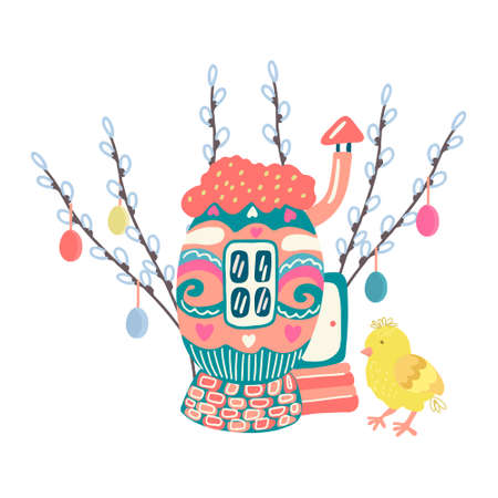 A little chick near cozy egg house surrounded by willow twigs decorated with colorful easter eggs. Hand drawn vector illustration isolated on white background. Great for Easter greeting cards.のイラスト素材