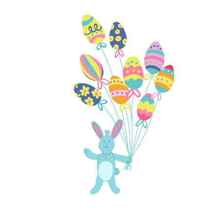 A cute blue Easter bunny with colorful eggs balloons decorated with different ornaments. Hand drawn vector illustration isolated on white background. Great for Easter products design, greeting cards.のイラスト素材