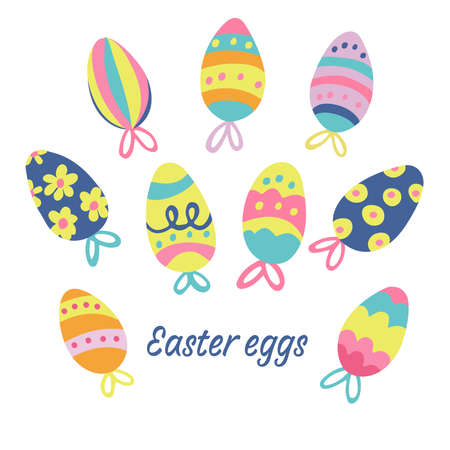 Set of colorful easter eggs decorated with patterns. Hand drawn vector illustration isolated on white background. Great for Easter products design, greeting cards.のイラスト素材