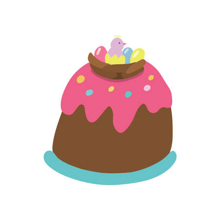 Easter cake decorated with a chocolate nest, a hatched chick, pink glaze and jelly beans. Hand drawn vector illustration isolated on white background. Great for Easter products design, cards, treats.のイラスト素材