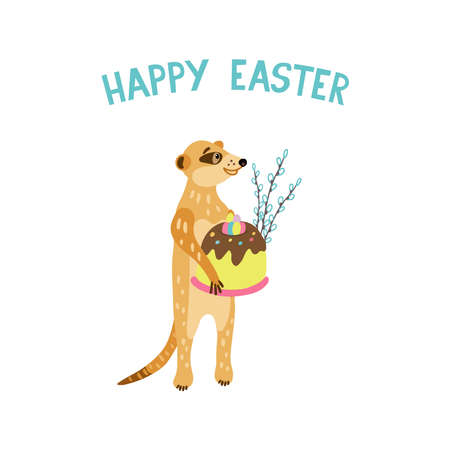 Greeting card with adorable meerkat holding Easter cake and willow twigs. Happy Easter lettering. Vector hand drawn illustration isolated on white.のイラスト素材