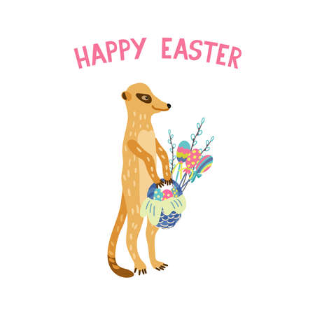 Greeting card with adorable meerkat holding wicker basket full of colorful eggs, lollipops and willow twigs. Happy Easter lettering. Vector hand drawn illustration isolated on white.のイラスト素材