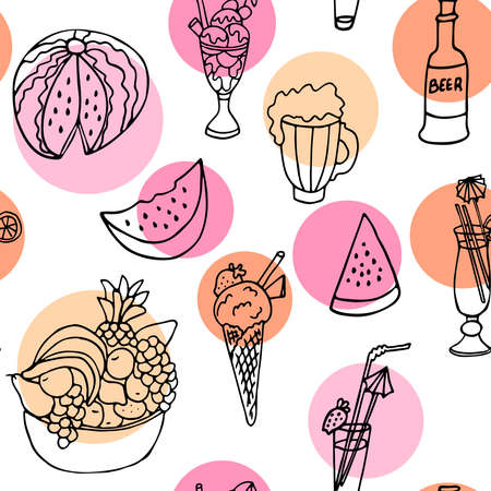 Vector seamless pattern with travel suitcases on white background with bright color circles. Doodle illustration in black ink. Goods for traveling and vacation.のイラスト素材