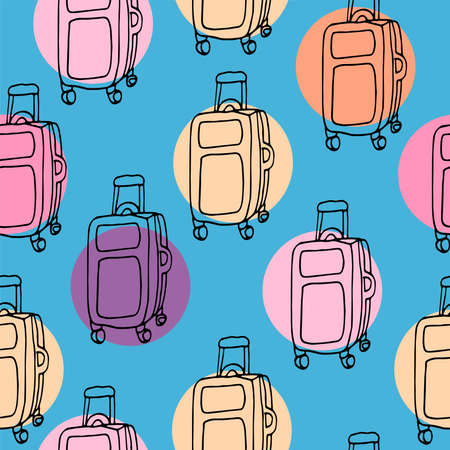 Vector seamless pattern with travel suitcases on blue background with bright color circles. Doodle illustration in black ink. Goods for traveling and vacation.のイラスト素材