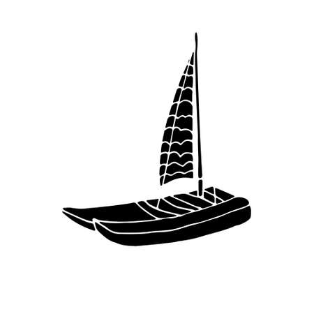 Vector illustration of a catamaran silhouette isolated on white background. Hand drawn black iconのイラスト素材