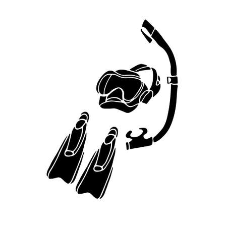 Hand drawn black icon. Vector illustration of snorkeling set isolated on white background. Flippers, mask and snorkel silhouettes.のイラスト素材