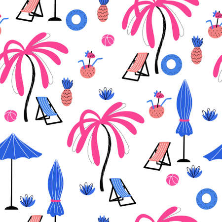 Vector seamless pattern with palm trees, pineapples, coconut cocktails, sun loungers, inflatable...