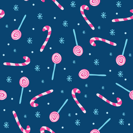 seamless pattern with lollipops and candy canes, snowflakes on a dark blue background. Christmas and winter theme.のイラスト素材