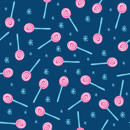 seamless pattern with lollipops, snowflakes on a dark blue background. Christmas and winter theme.のイラスト素材
