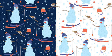 winter set with two seamless patterns with snowmen wearing knitted hats, skis, birds on branches,...