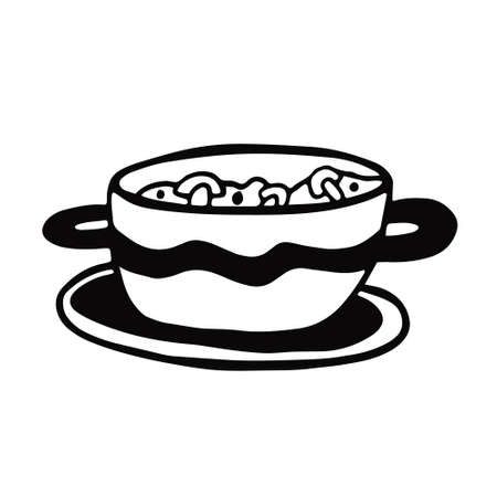 Doodle hand drawn vector illustration of a cute black bowl with mushrooms soup decorated with ornaments. Isolated on white background.のイラスト素材