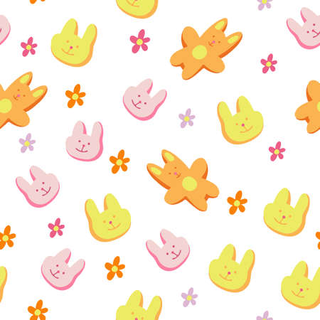 Vector seamless pattern with colorful easter rabbit biscuits and chamomile. Great for fabric, wrapping papers, covers. Hand drawn illustration on white background. Pink, yellow and orange colors.のイラスト素材