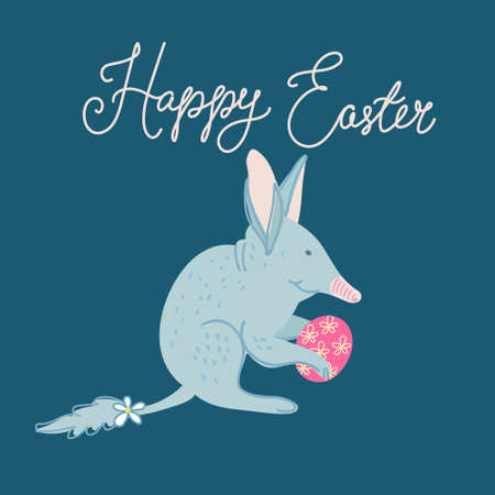 Hand drawn vector illustration of a cute little easter bilby holding a pink egg decorated with flowers isolated on dark background. Happy Easter lettering. Great for greeting cards and posters.のイラスト素材