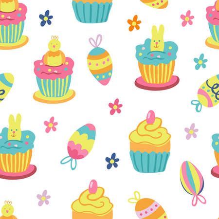 seamless patterns with easter cupcakes decorated with sweet rabbits and chickens, easter colorful eggs. Hand drawn illustration on white background.のイラスト素材