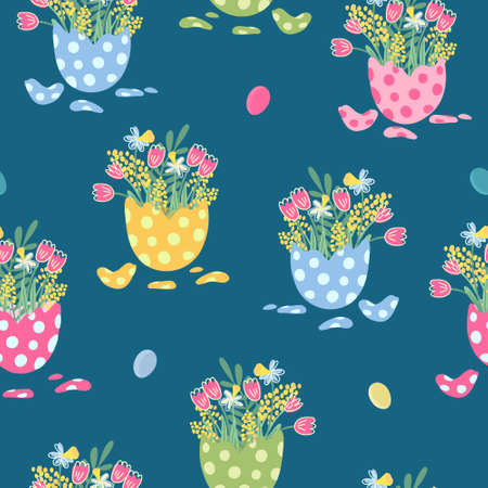 Vector seamless pattern with bouquets of flowers in eggshells. There are daffodils, tulips, mimosas. Bright colors, dark background. Great for fabric, wrapping papers, covers. Easter theme.のイラスト素材