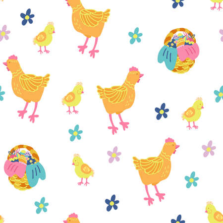 Vector seamless pattern with hens, chamomile and wicker baskets full of colorful eggs.のイラスト素材