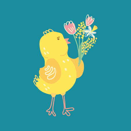 Hand drawn vector illustration of a cute little chicken with a bouquet of flowers isolated on turquoise background. There are tulips, mimosa and narcissus. Great for Easter greeting cards and posters.のイラスト素材