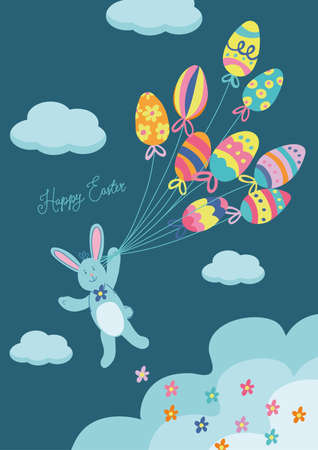 A cute happy bunny flying on easter eggs balloons in the sky. Happy Easter lettering. Beautiful greeting card. Vector hand drawn illustration with isolated elements.のイラスト素材