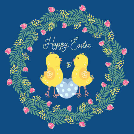 A beautiful easter wreath with mimosa, tulip, narcissus flowers and two cute little chickens. Hand drawn vector illustration isolated on navy blue background. Happy Easter.のイラスト素材