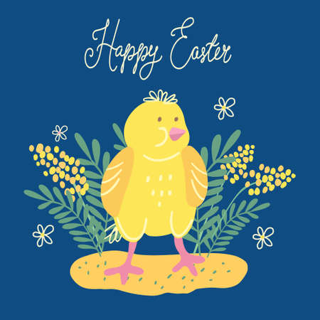 Happy Easter greeting card. A cute little chicken surrounded by leaves and mimosa flowers. Hand drawn vector illustration isolated on dark blue background.のイラスト素材