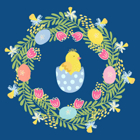 A beautiful easter wreath with mimosa, tulip, narcissus flowers, colorful eggs and a cute little chicken in the half of an eggs. Hand drawn vector illustration isolated on navy blue background.のイラスト素材