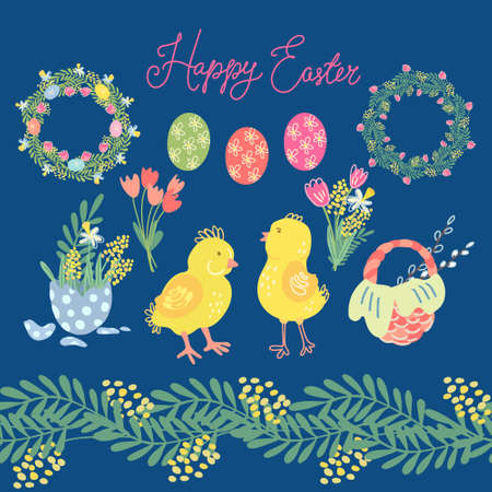 Hand drawn big vector set of Easter elements for your design of greeting cards and holiday products. Cute little chickens, eggs, wicker basket, wreaths, spring flowers like tulips, mimosa, narcissus.のイラスト素材