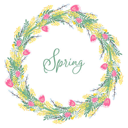 A beautiful spring wreath with flowers and leaves. There are tulips, mimosa, narcissus and willow twigs. Hand drawn vector illustration isolated on white background. Border design, round form.のイラスト素材