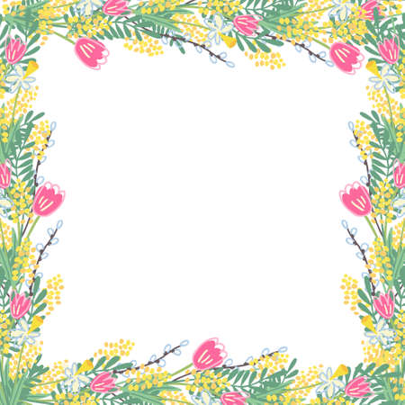 Beautiful square frame with spring flowers. There are daffodils, tulips, mimosas, willow twigs. Great template for social media, greeting cards, banners. Hand drawn vector illustration on transparentのイラスト素材
