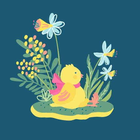 A cute little chicken with a pink bow sitting on the lawn surrounded by grass, narcissus and mimosa flowers. Hand drawn vector illustration isolated on dark turquoise. Great for Easter greeting card.のイラスト素材