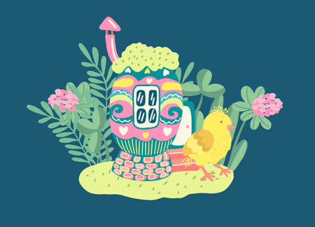 A cute little chicken near a little cozy egg house surrounded by grass and clover flowers. Hand drawn illustration isolated on navy blue background.のイラスト素材