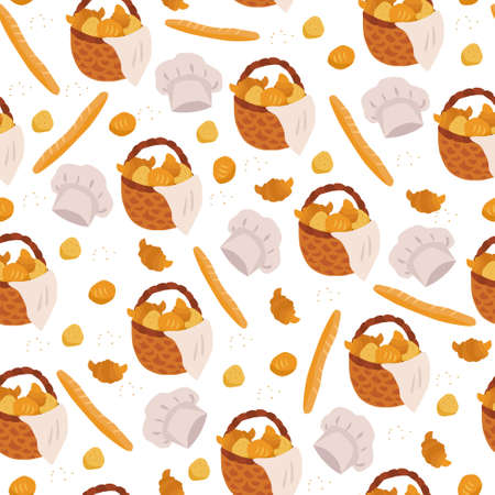 Vector seamless pattern with bakery products. Wicker baskets full of fresh bread, buns and croissants, chef hats on white background. Great for fabrics, wrapping papers, wall decor, covers.のイラスト素材