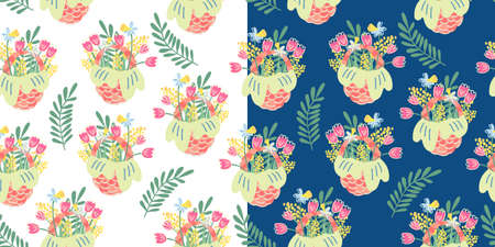 Two vector seamless patterns with nice wicker baskets and spring flowers and leaves. Tulip, mimosa and narcissus. Great for fabrics, wrapping papers, wallpapers, covers. Hand drawn flat illustrationのイラスト素材