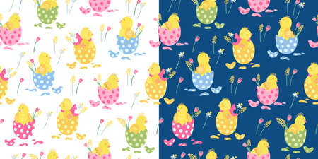 Two vector seamless patterns with colorful easter eggs, flowers, and cute little chickens on white and dark blue. Great for fabrics, wrapping papers, wallpapers, covers. Hand drawn flat illustration.のイラスト素材