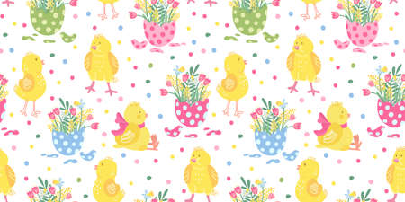Vector seamless pattern. Cute little chickens and colorful eggs with spring flowers. Daffodils, tulips and mimosa. Great for fabrics, wrapping papers, wallpapers, covers. Easter design.のイラスト素材