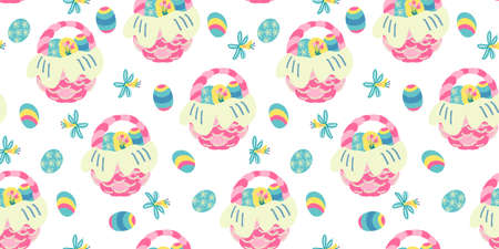 Vector seamless pattern with narcissus flowers and wicker baskets full of Easter colorful eggs. Great for fabrics, wrapping papers, wallpapers, covers. Hand drawn flat illustration.のイラスト素材