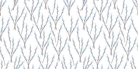 Vector seamless pattern with Easter willow twigs on white background. Great for fabrics, especially for linens, wrapping papers, wallpapers, covers. Hand drawn flat illustration.のイラスト素材