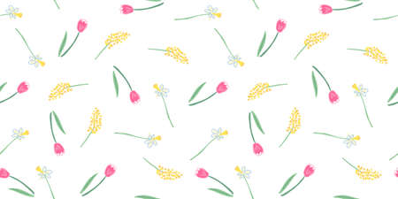 Vector seamless pattern with nice tulip, mimosa and narcissus flowers on white. Great for fabrics, especially for linens, wrapping papers, wallpapers, covers. Hand drawn flat illustration.のイラスト素材
